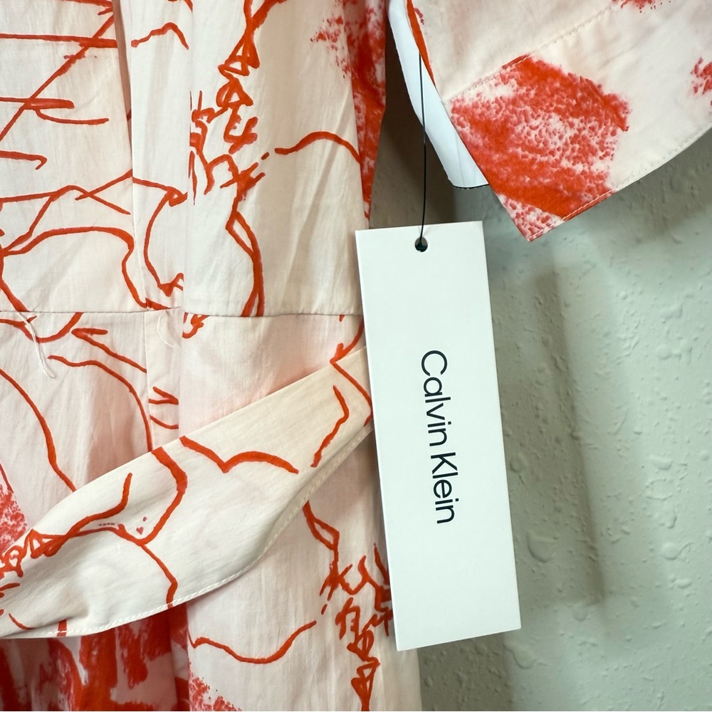 Calvin Klein Floral Print Ruffled Hem Belted White Orange Tulip Dress Sz 12 NWT - Picture 5 of 8
